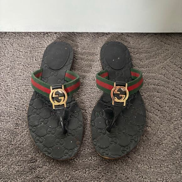 Gucci Interlocking GG Web Stripe Thong Sandals Black Flat Flip Flop Size EU 36.5 - Picture 3 of 10